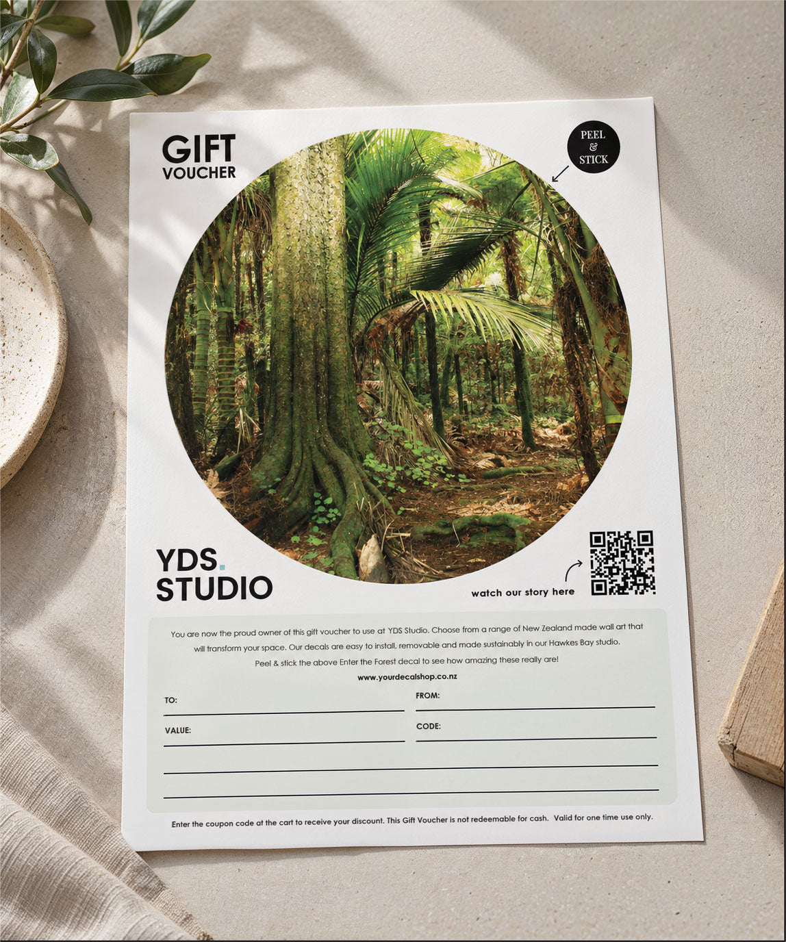 YDS Studio gift voucher featuring the Enter the Forest peel-and-stick decal