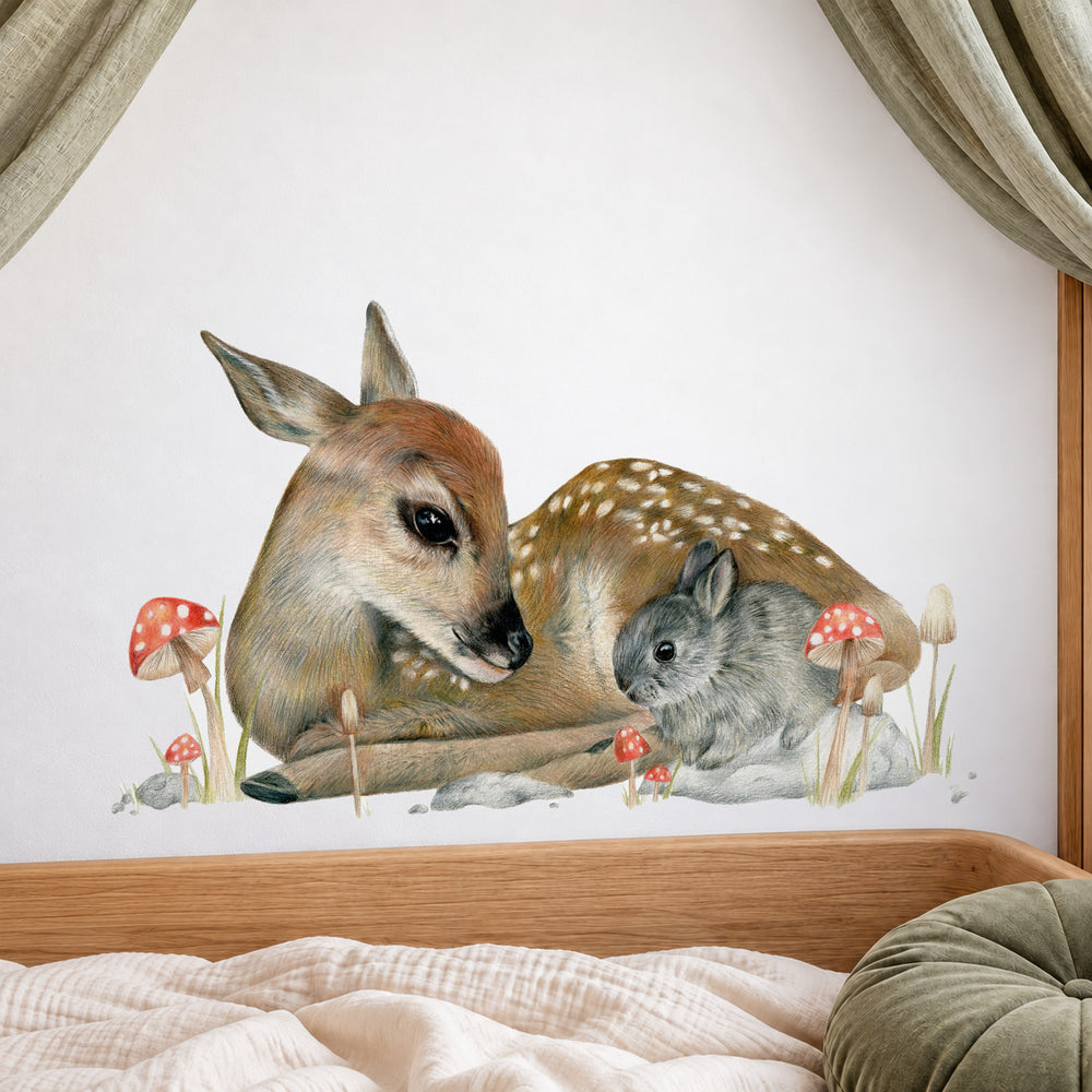 Bambi by Olivia Bezett, wall decal room mock-up in a bedroom with a timber bed.