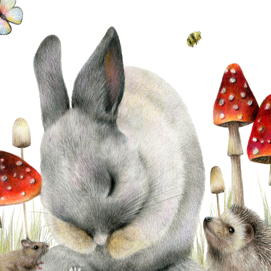 Lean On Me by Olivia Bezett, original artwork detail showing the rabbit and small woodland friends among mushrooms.