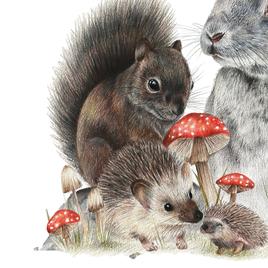 Bunny & Friends by Olivia Bezett, original artwork detail showing the squirrel, hedgehog and red mushrooms.