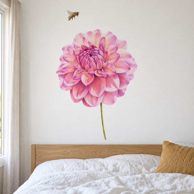 Dahlia and Bee by Olivia Bezett, wall decal room mock-up in a bedroom above a timber headboard.