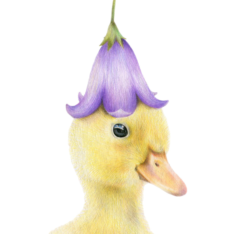 Duckling by Olivia Bezett, original artwork detail showing the duckling’s face and purple flower hat.