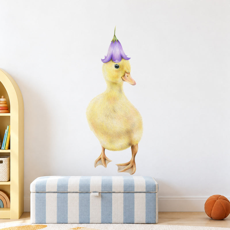 Duckling by Olivia Bezett, wall decal room mock-up in a child’s room above a striped bench.