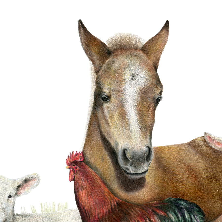 Farm Friends by Olivia Bezett, original artwork detail showing the horse and a red-combed chicken.