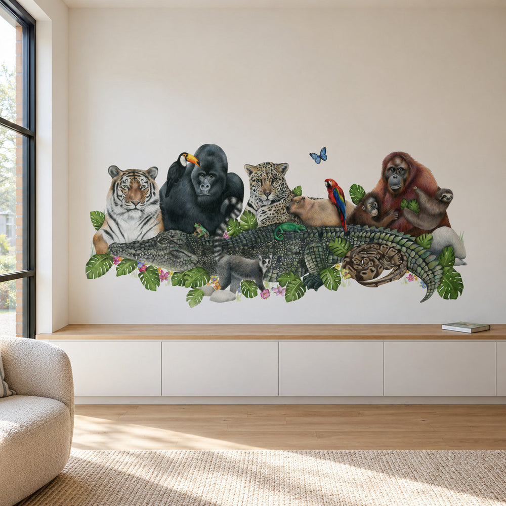Jungle Friends by Olivia Bezett, wall mural room mock-up in a living room above a low timber bench.