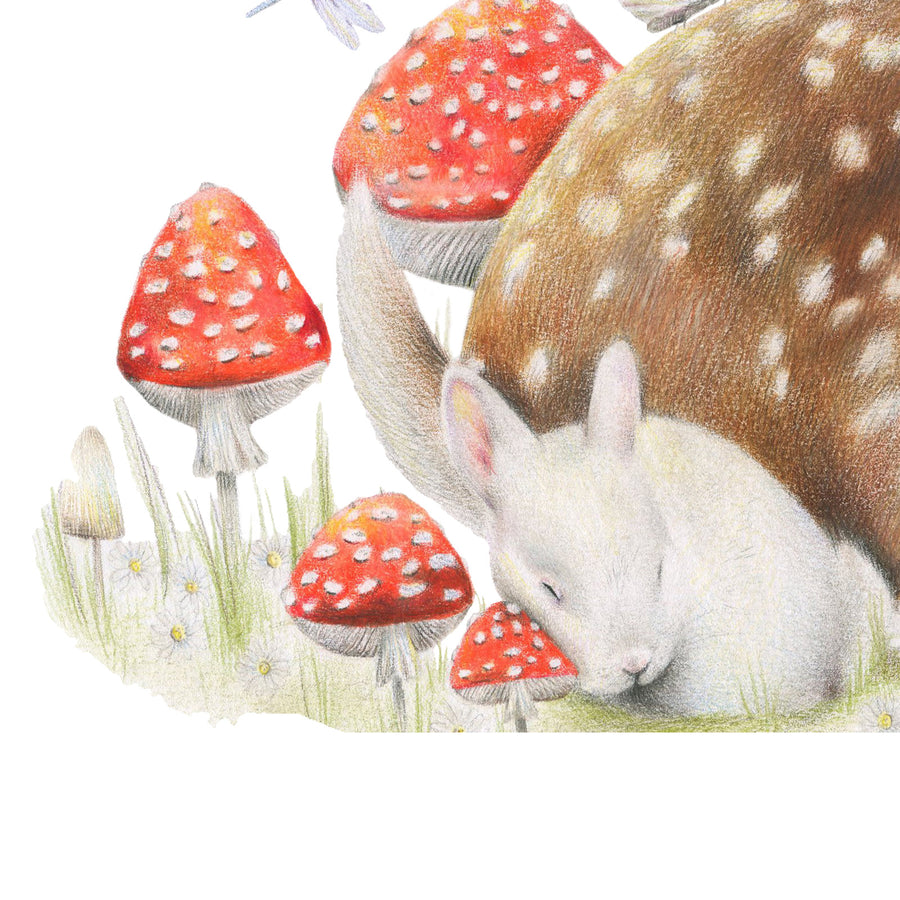 Sleeping Doe by Olivia Bezett, original artwork detail showing the white rabbit and red mushrooms.