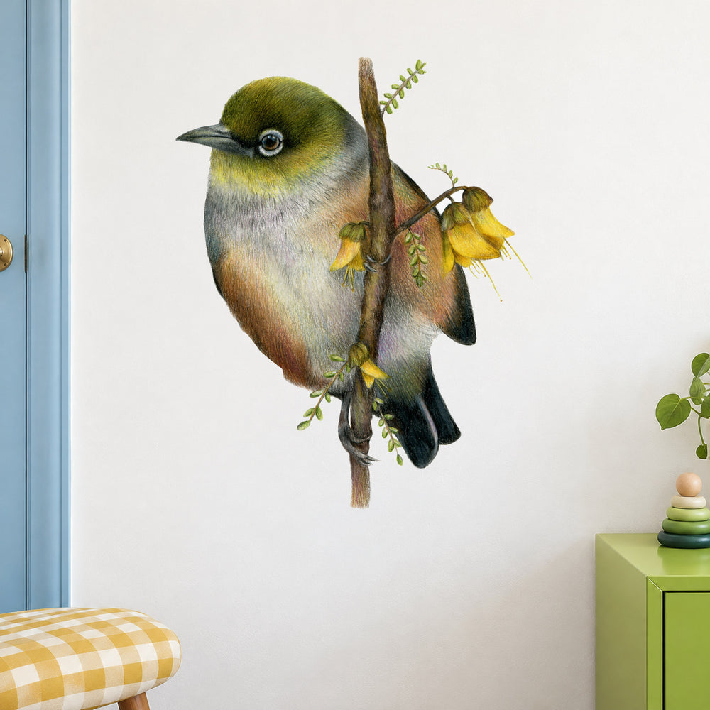 Waxeye by Olivia Bezett, wall decal room mock-up in a room beside a bright green cabinet.