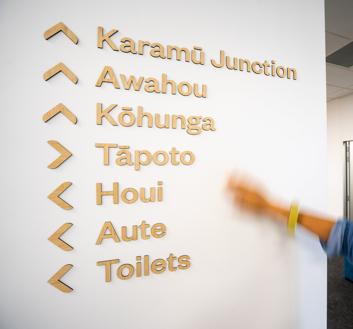 Dimensional timber direction signs and patterned glazing at Te Rae