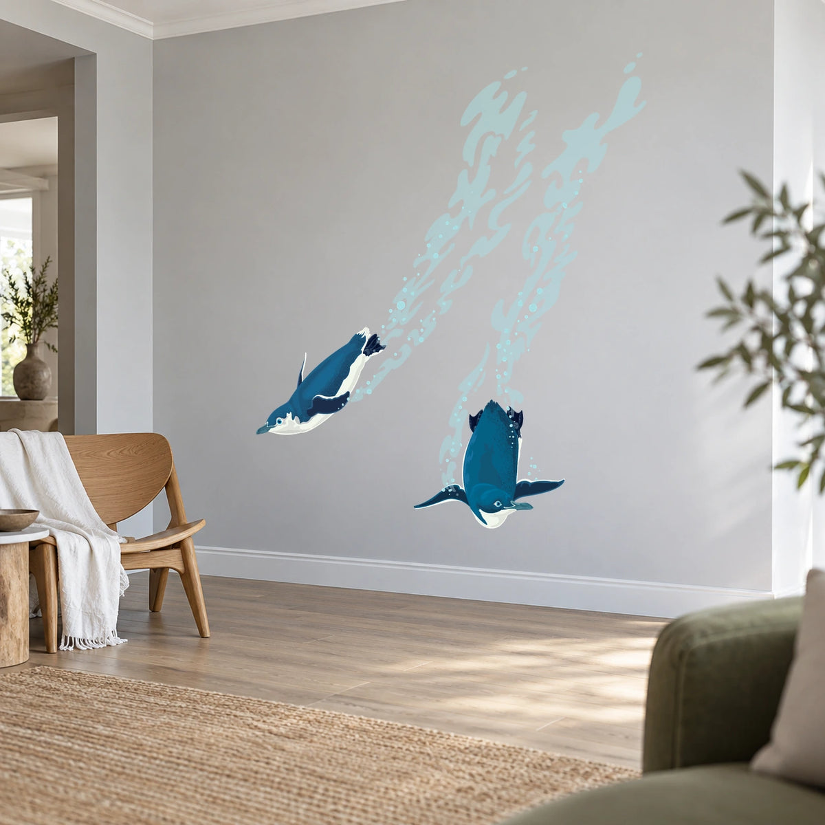 Diving penguins wall decal in a coastal room from a different angle