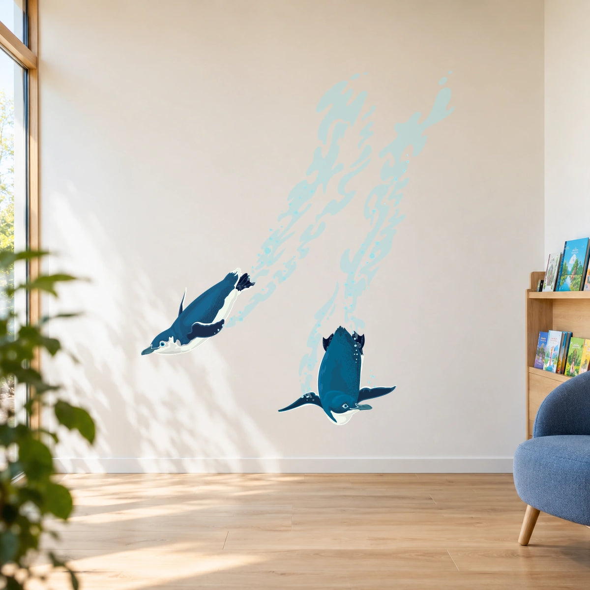 Diving penguins wall decal in a modern library