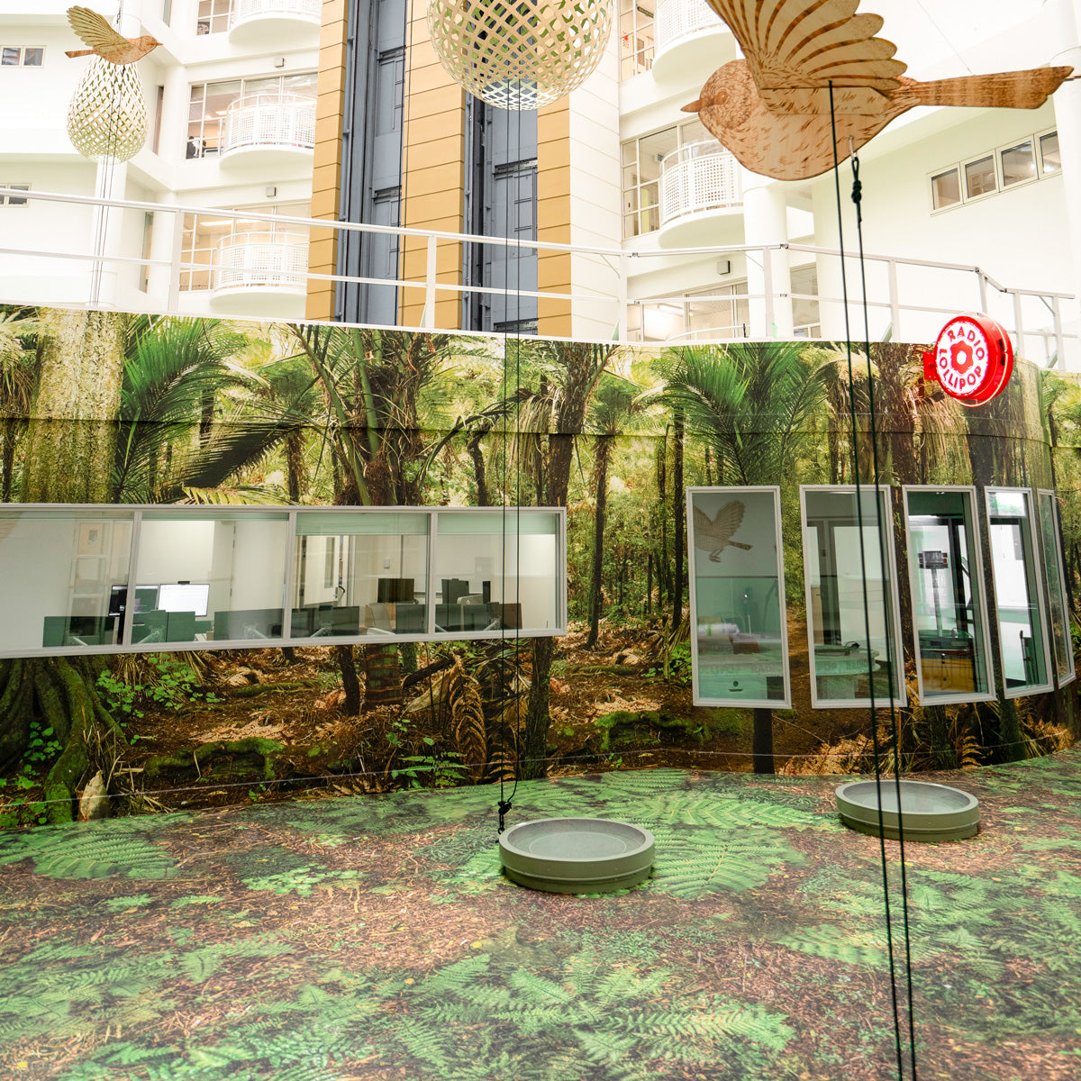 New Zealand forest wall graphics in the Starship atrium, a completed YDS Studio healthcare project