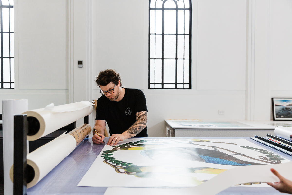 Antony attending to a large print of native bird artwork at the studio printer