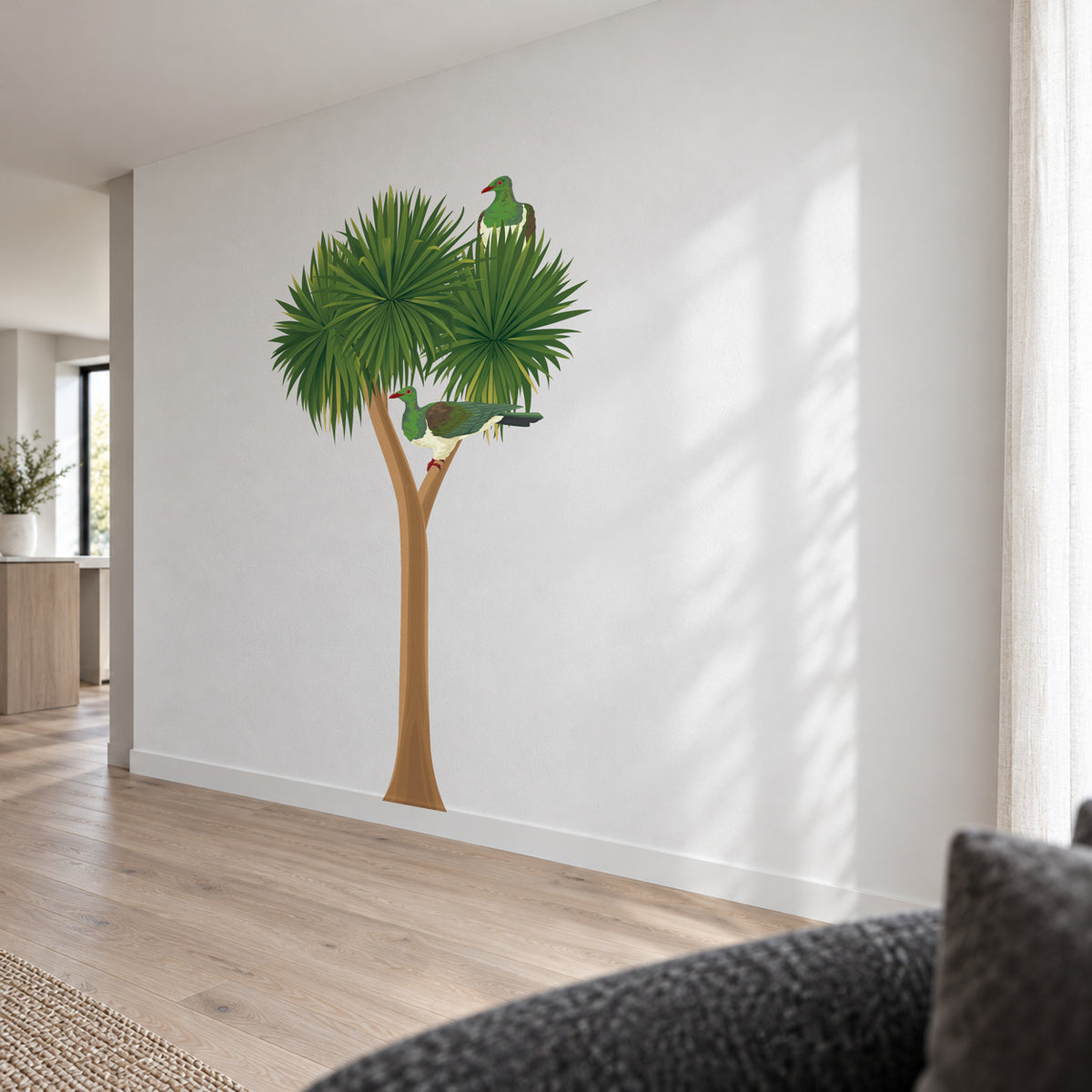 Cabbage Tree with Kererū wall decal from an alternate room angle, preserving the complete artwork.