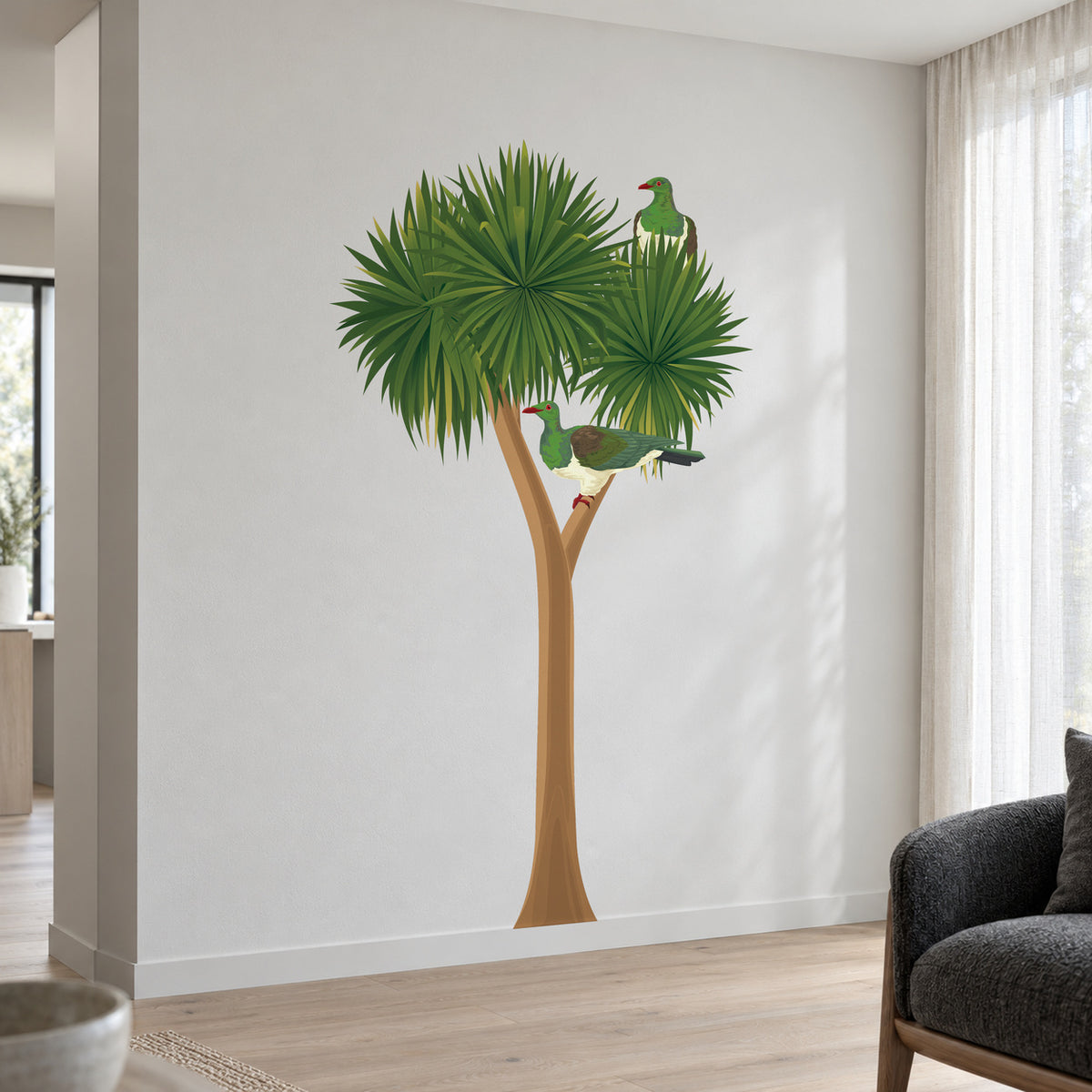 Cabbage Tree with Kererū wall decal displayed in a light neutral room.