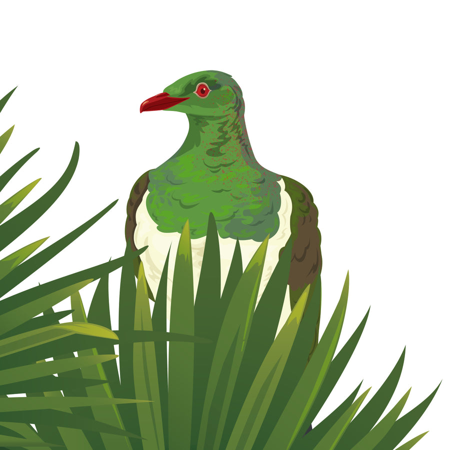 Artwork detail visualisation – Cabbage Tree with Kererū – upper kereru – straight-on original artwork