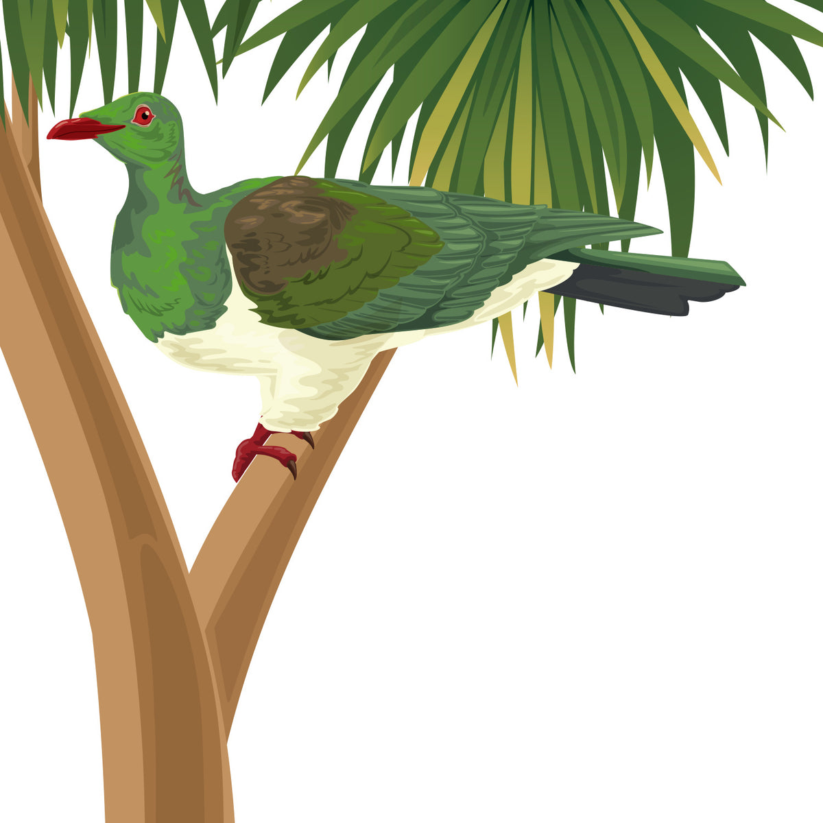 Artwork detail visualisation – Cabbage Tree with Kererū – lower kereru – straight-on original artwork