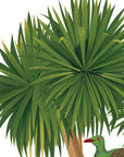 Artwork detail visualisation – Cabbage Tree with Kererū – leaves and trunk – straight-on original artwork