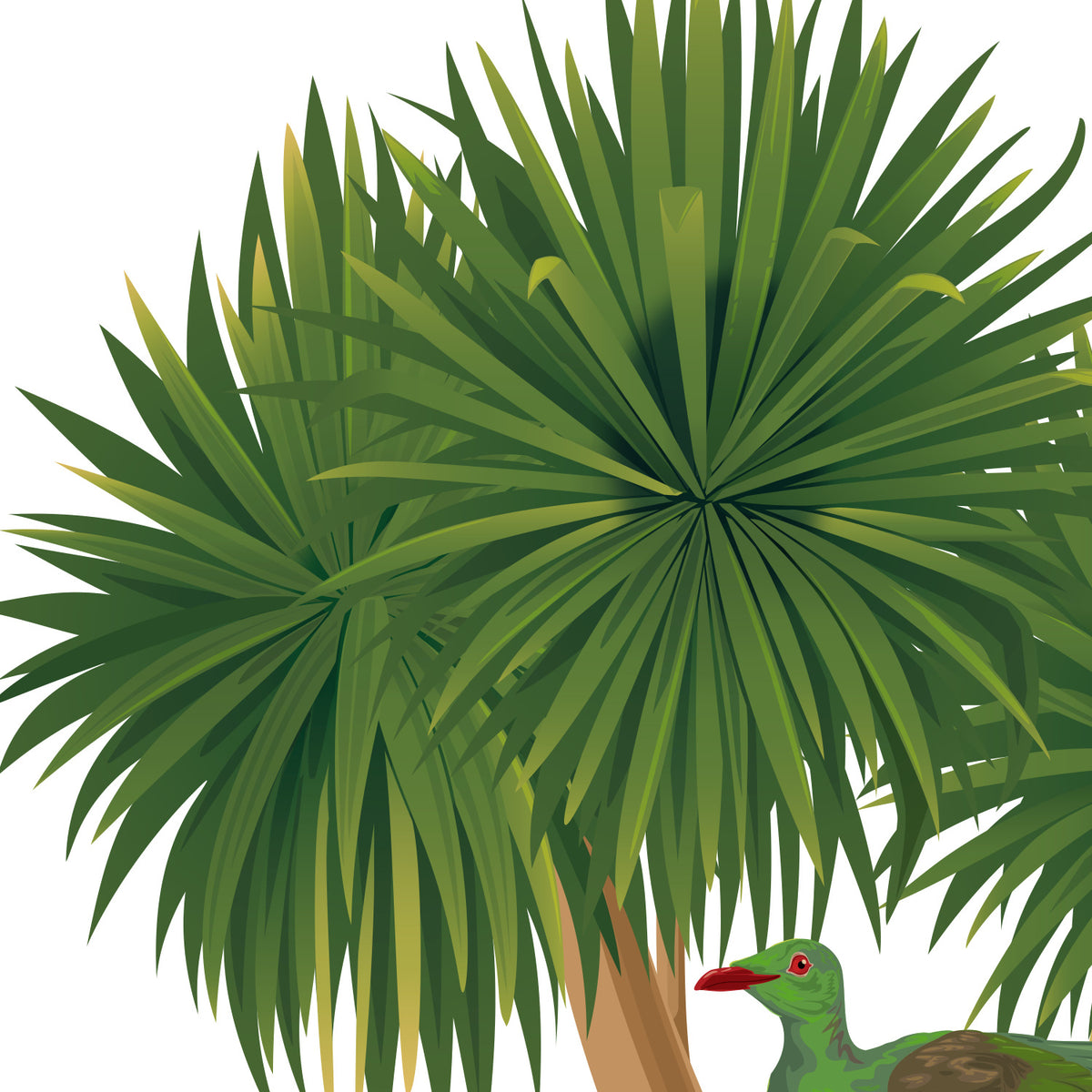 Artwork detail visualisation – Cabbage Tree with Kererū – leaves and trunk – straight-on original artwork