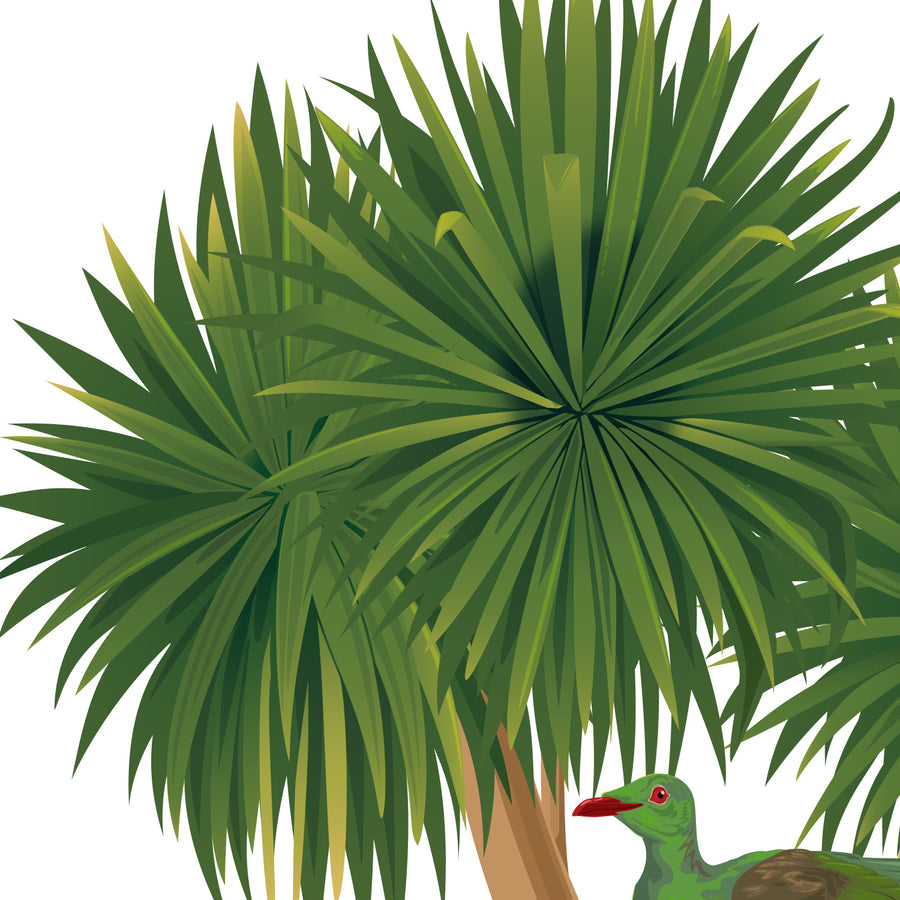 Artwork detail visualisation – Cabbage Tree with Kererū – leaves and trunk – straight-on original artwork