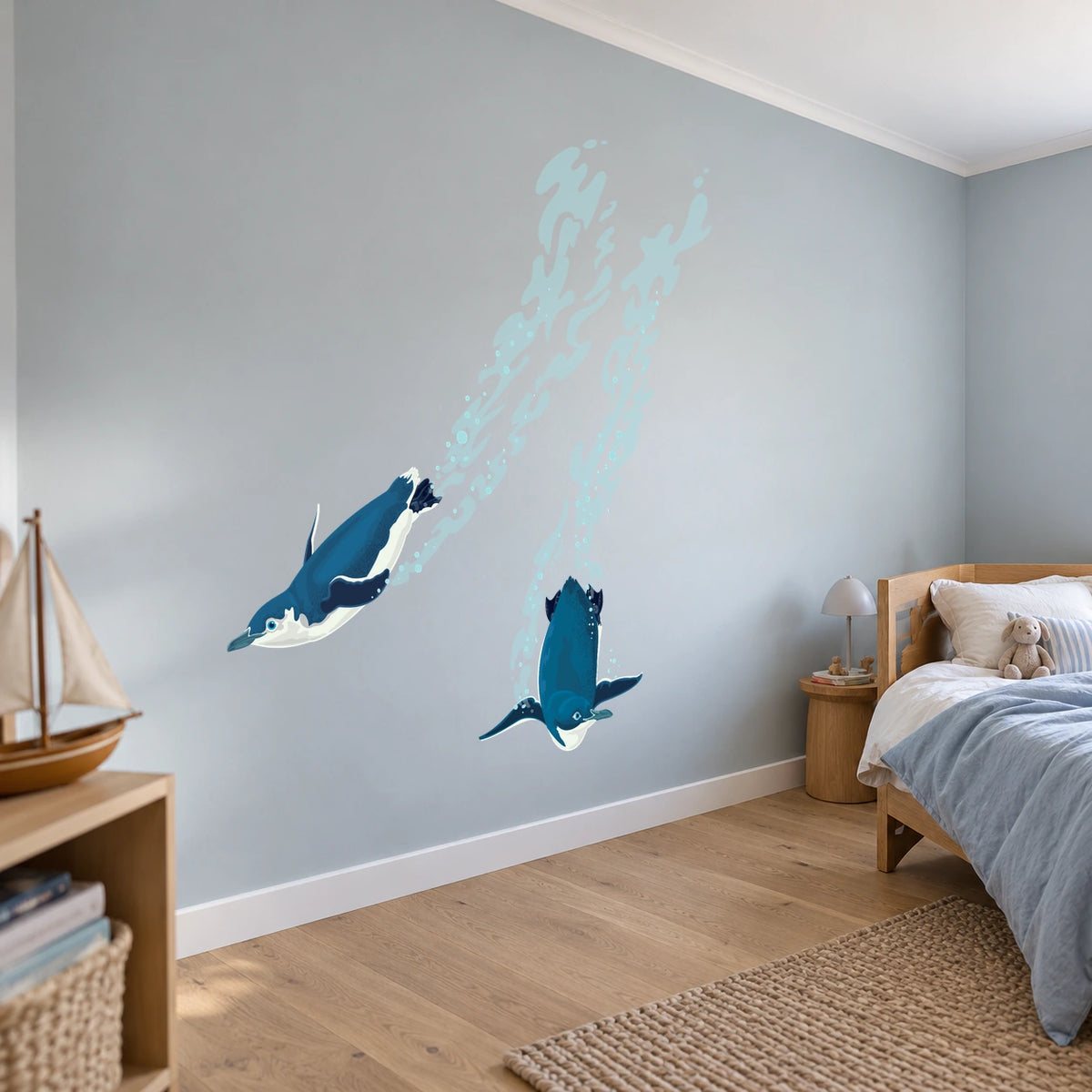 Diving little penguins kororā wall decal in a bright children's bedroom room view from another angle