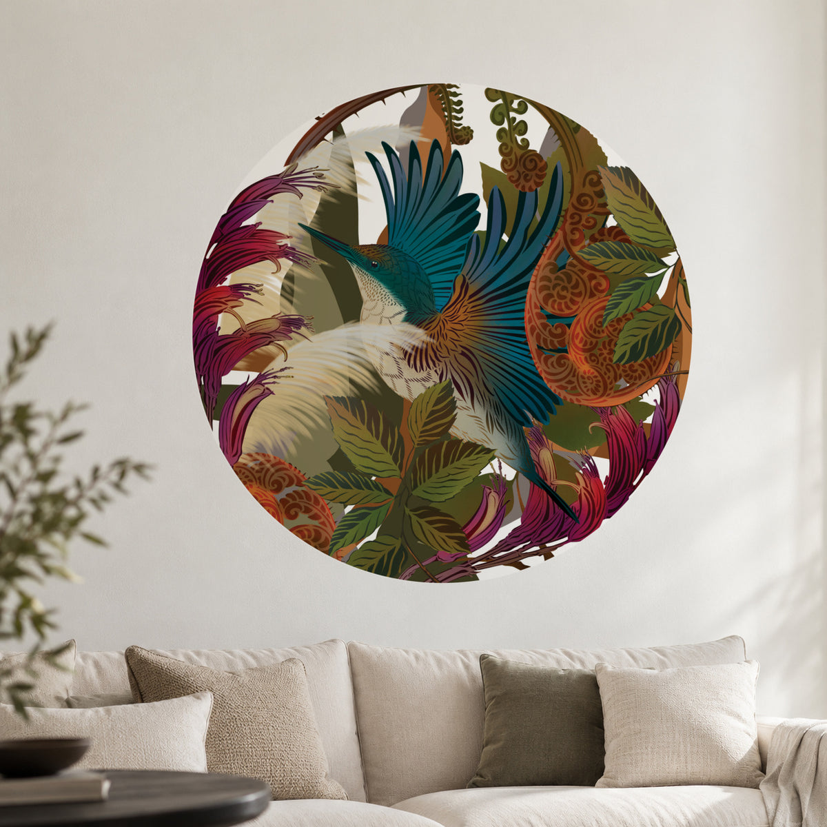 FLOX Kōtare Dot above a linen sofa in a warmly lit living room