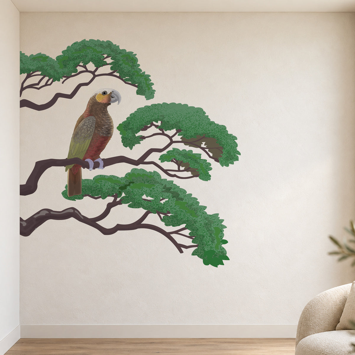 Kākā and branch wall decal in a bright designer room, view 1.