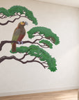 Kākā and branch wall decal in a bright designer room, view 2.