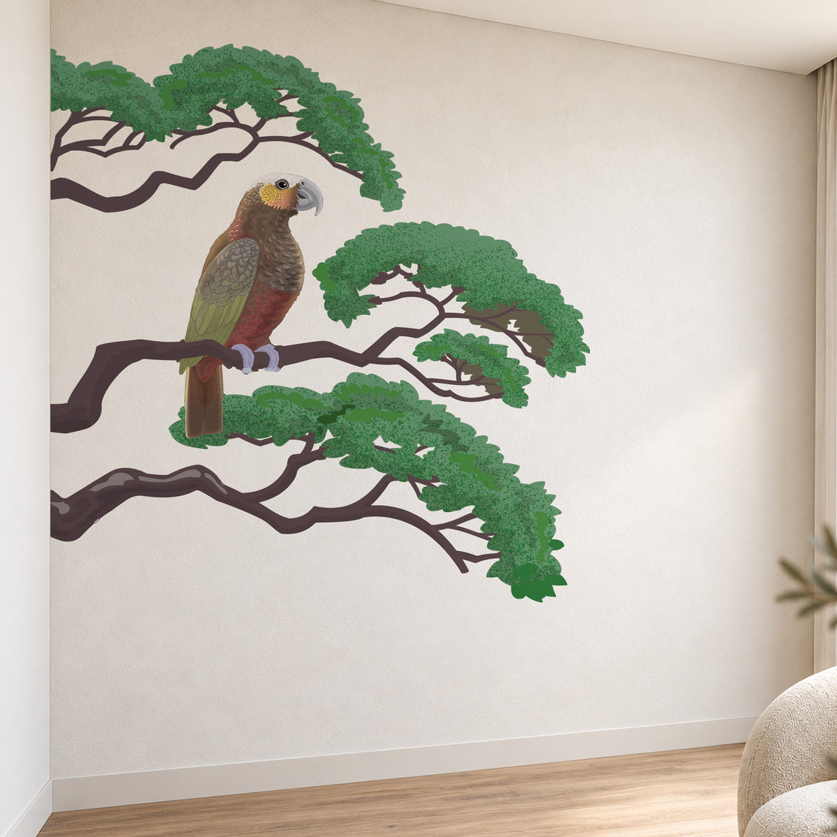 Kākā and branch wall decal in a bright designer room, view 2.
