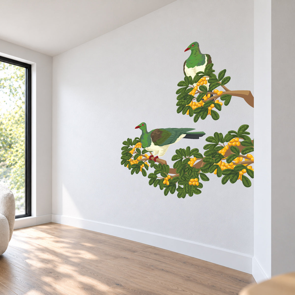 Karaka Branch with Kererū wall decal room visualisation – smaller artwork in a neutral room