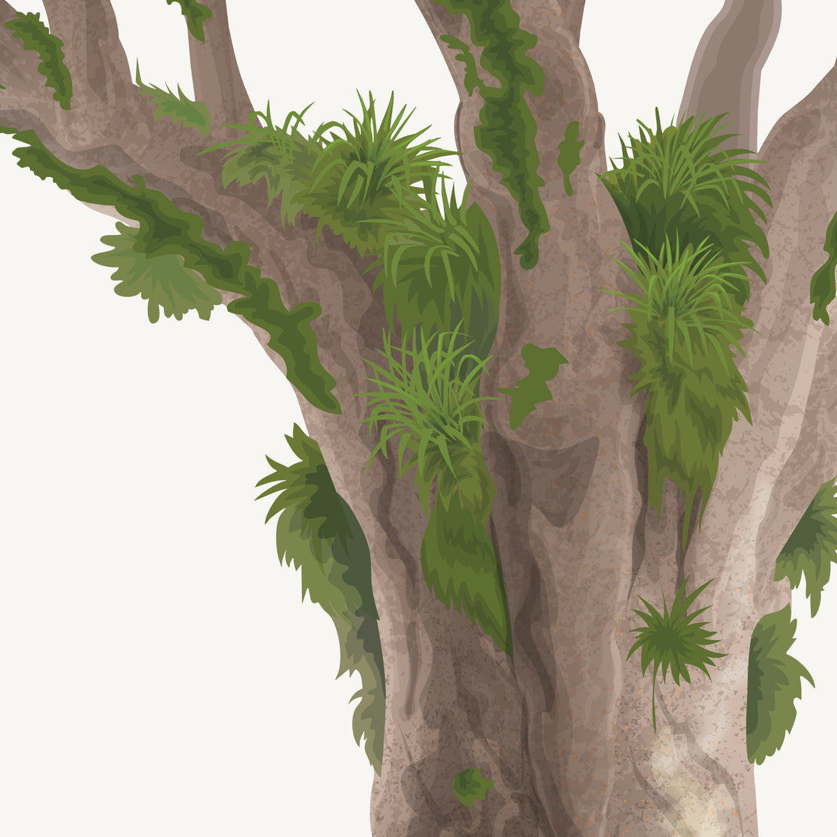 Artwork detail visualisation – Kauri with Waxeyes – bark and epiphytes – straight-on original artwork