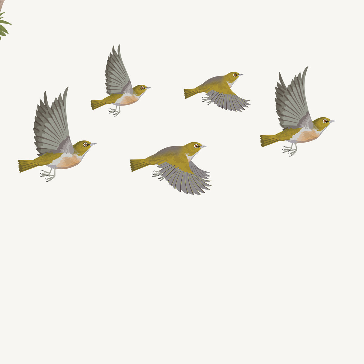 Artwork detail visualisation – Kauri with Waxeyes – five waxeyes – straight-on original artwork
