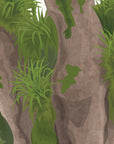 Artwork detail visualisation – Kauri with Waxeyes – extreme close-up of bark and epiphyte linework