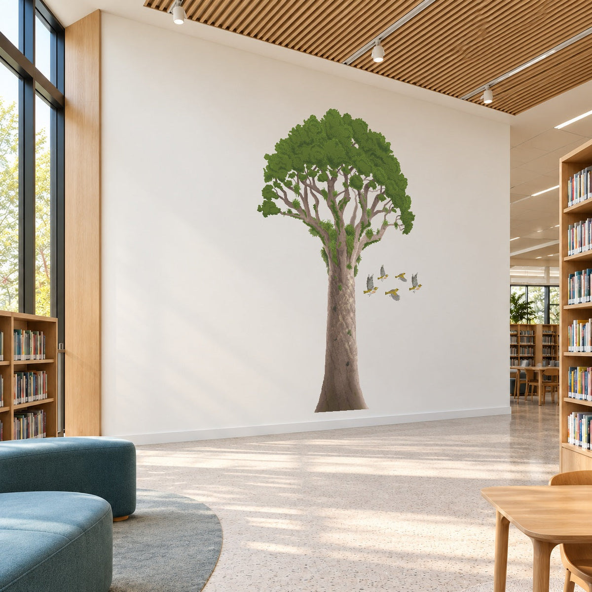 Kauri Tree &amp; Waxeyes wall decal visualisation in a modern library family zone, gentle angled view.