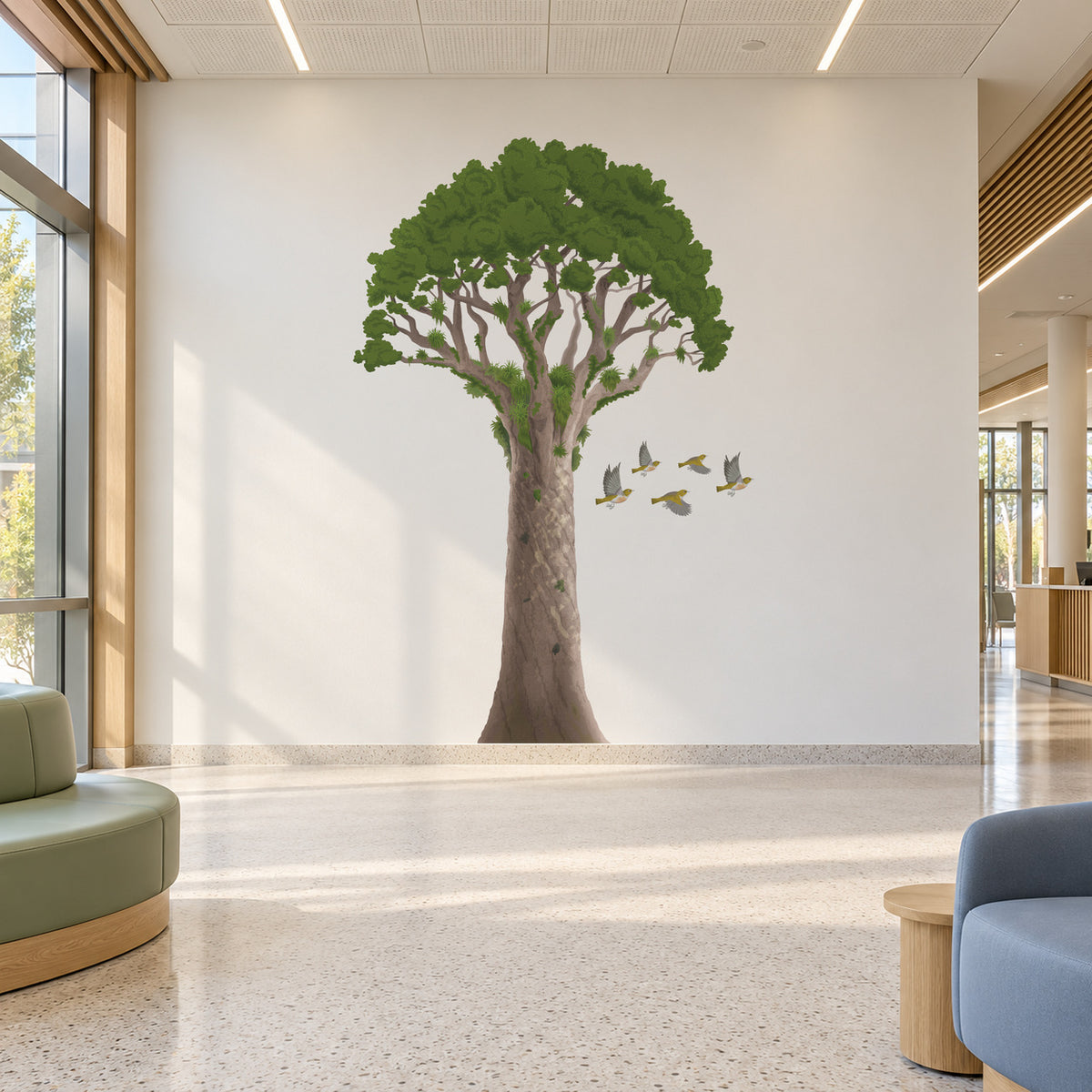 Kauri tree and waxeye flock wall decal in a modern children’s emergency department waiting-area visualization.