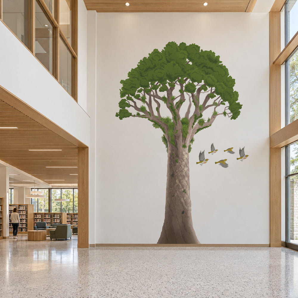 Custom 5 m Kauri tree wall decal installation visualization beside a large opening; not a standard 3 m product size.