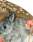 Bambi by Olivia Bezett, original artwork detail showing the grey rabbit and red mushrooms.