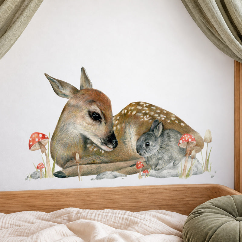 Bambi by Olivia Bezett, wall decal room mock-up in a bedroom with a timber bed.