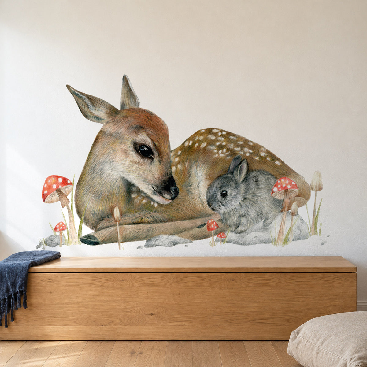 Bambi by Olivia Bezett, wall decal room mock-up in a bedroom above a timber chest.