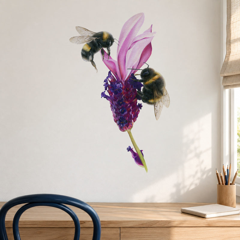Bees on Lavender by Olivia Bezett, wall decal room mock-up in a study above a timber desk.