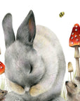 Lean On Me by Olivia Bezett, original artwork detail showing the rabbit and small woodland friends among mushrooms.