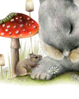 Lean On Me by Olivia Bezett, original artwork detail showing the resting rabbit’s face and a smaller rabbit.
