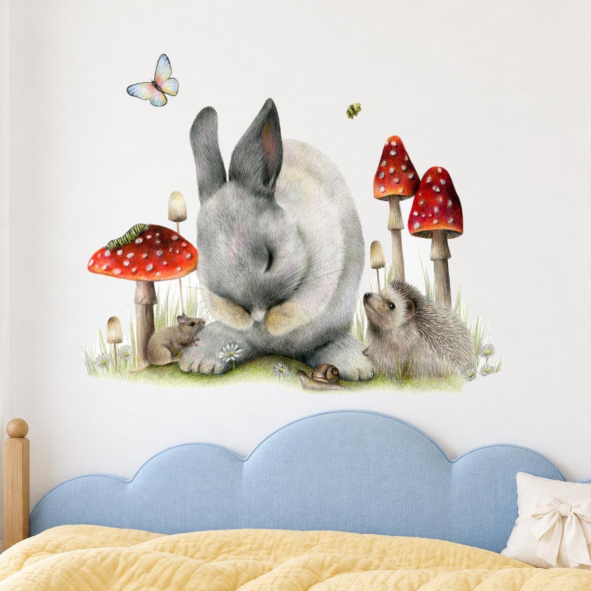 Lean On Me by Olivia Bezett, wall decal room mock-up in a child’s bedroom above a blue headboard.