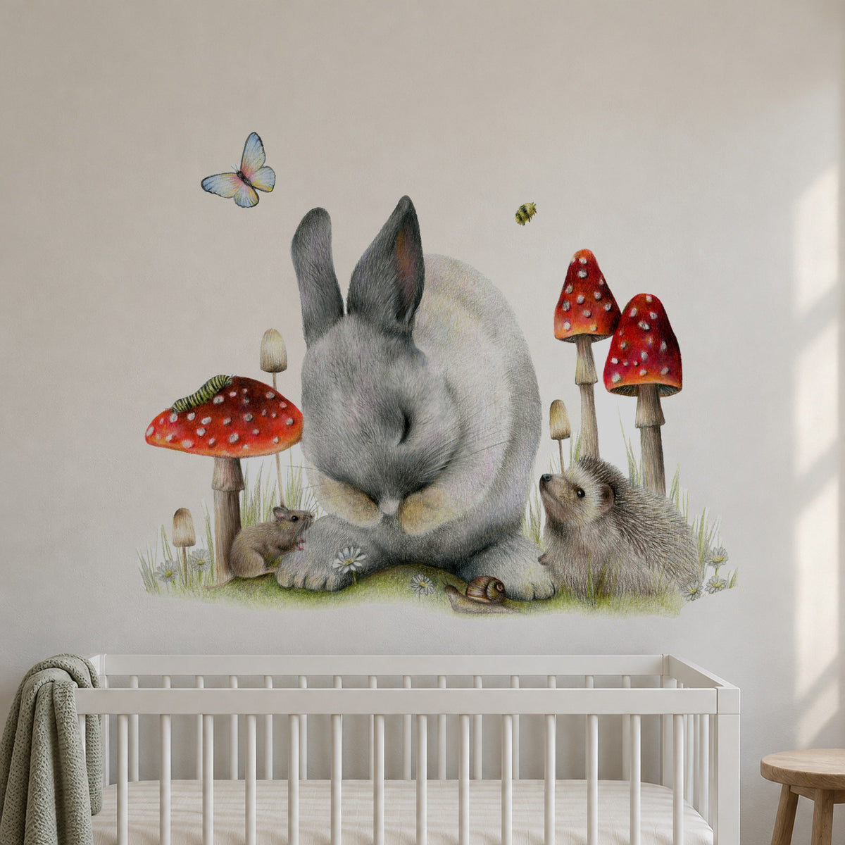 Lean On Me by Olivia Bezett, wall decal room mock-up in a nursery above a cot.