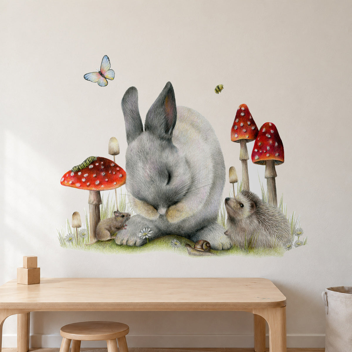 Lean On Me by Olivia Bezett, wall decal room mock-up in a room above a timber bench.