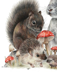 Bunny & Friends by Olivia Bezett, original artwork detail showing the squirrel, hedgehog and red mushrooms.