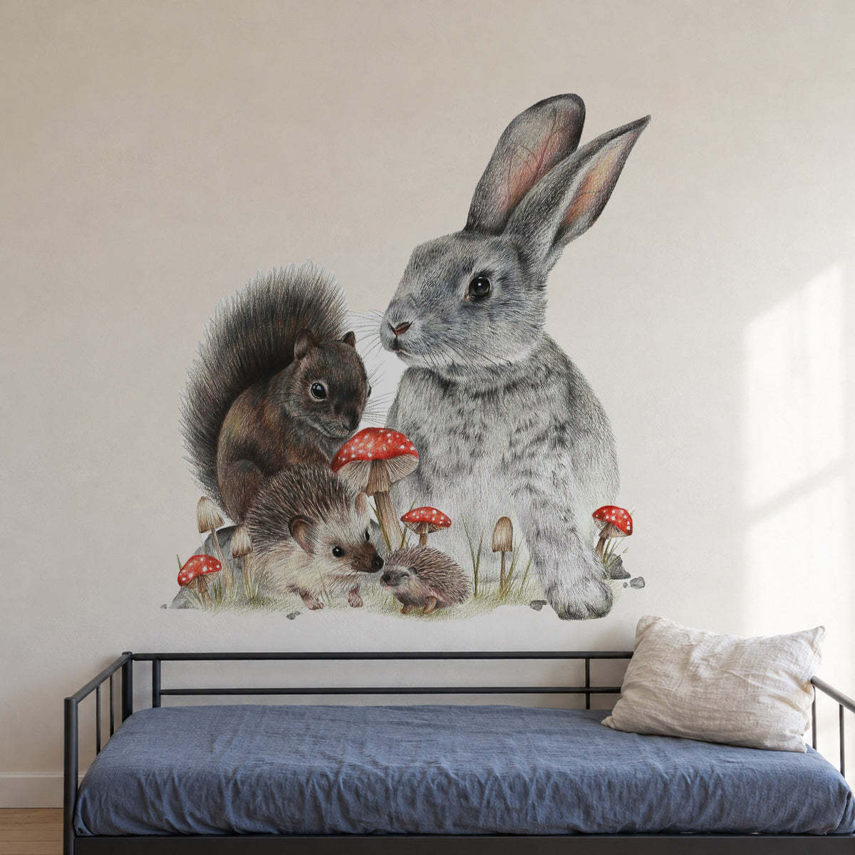 Bunny &amp; Friends by Olivia Bezett, wall decal room mock-up in a room above a dark daybed.