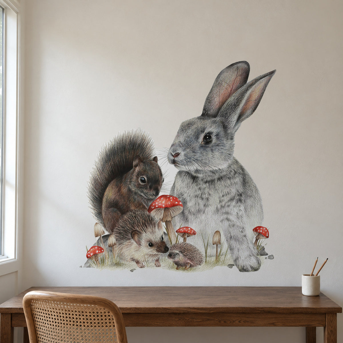 Bunny &amp; Friends by Olivia Bezett, wall decal room mock-up in a room above a timber chest.