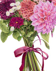 Dahlia Bouquet by Olivia Bezett, original artwork detail showing the ribbon-tied stems and dahlia blooms.