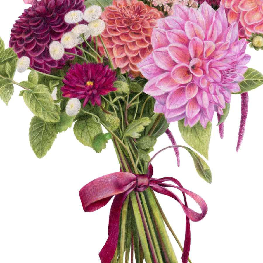 Dahlia Bouquet by Olivia Bezett, original artwork detail showing the ribbon-tied stems and dahlia blooms.