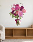 Dahlia Bouquet by Olivia Bezett, wall decal room mock-up in a living room above a low timber cabinet.